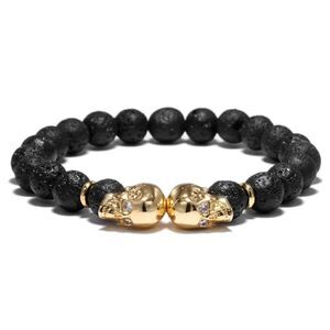 Gold Double Skull Lava Stone Bracelet